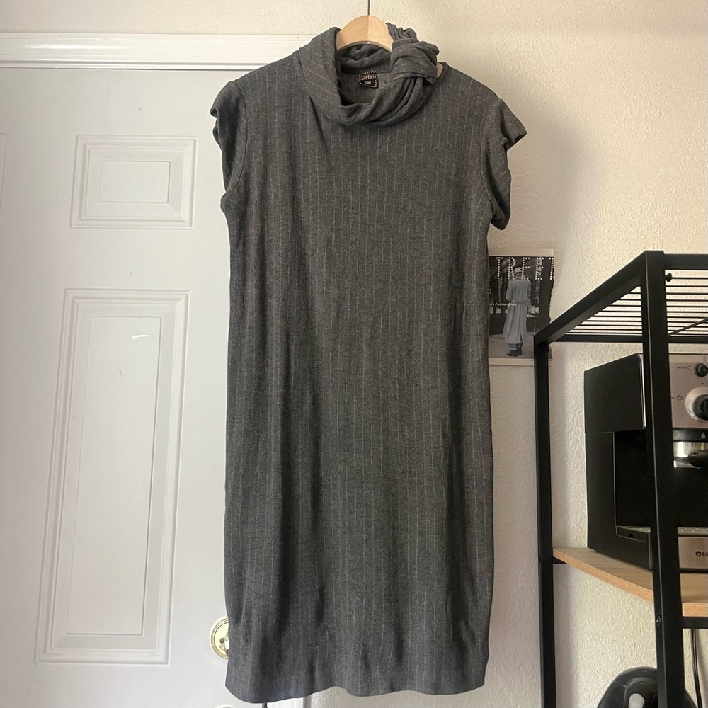 JEAN PAUL GAULTIER grey pin‎ stripe cowl turtleneck sleeveless short sleeve mini